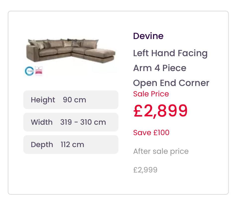 DFS Devine
Left Hand Facing Arm 4 Piece Open End Corner - NEW