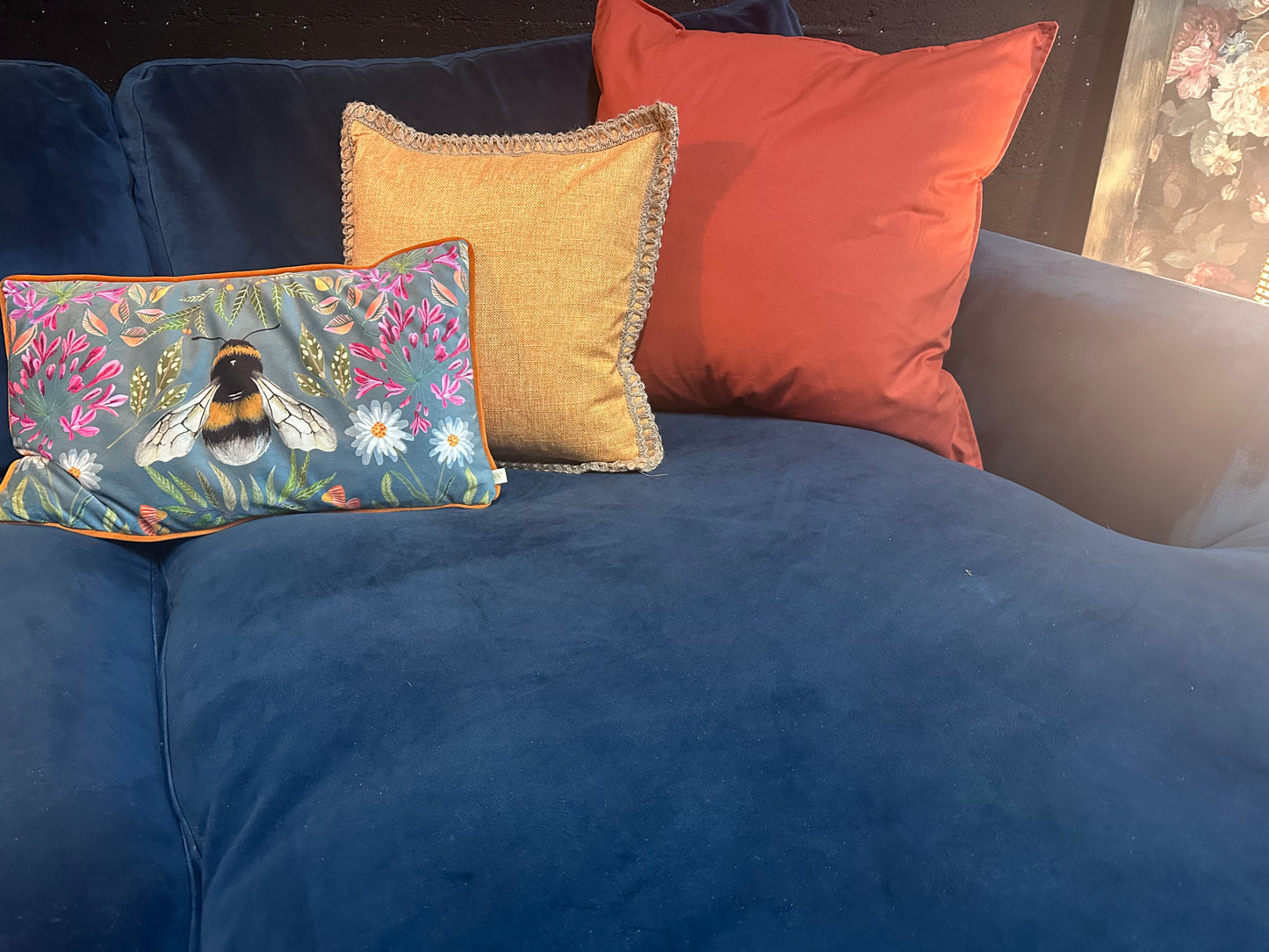 DFS Midnight Blue Velvet Corner Chaise Sofa