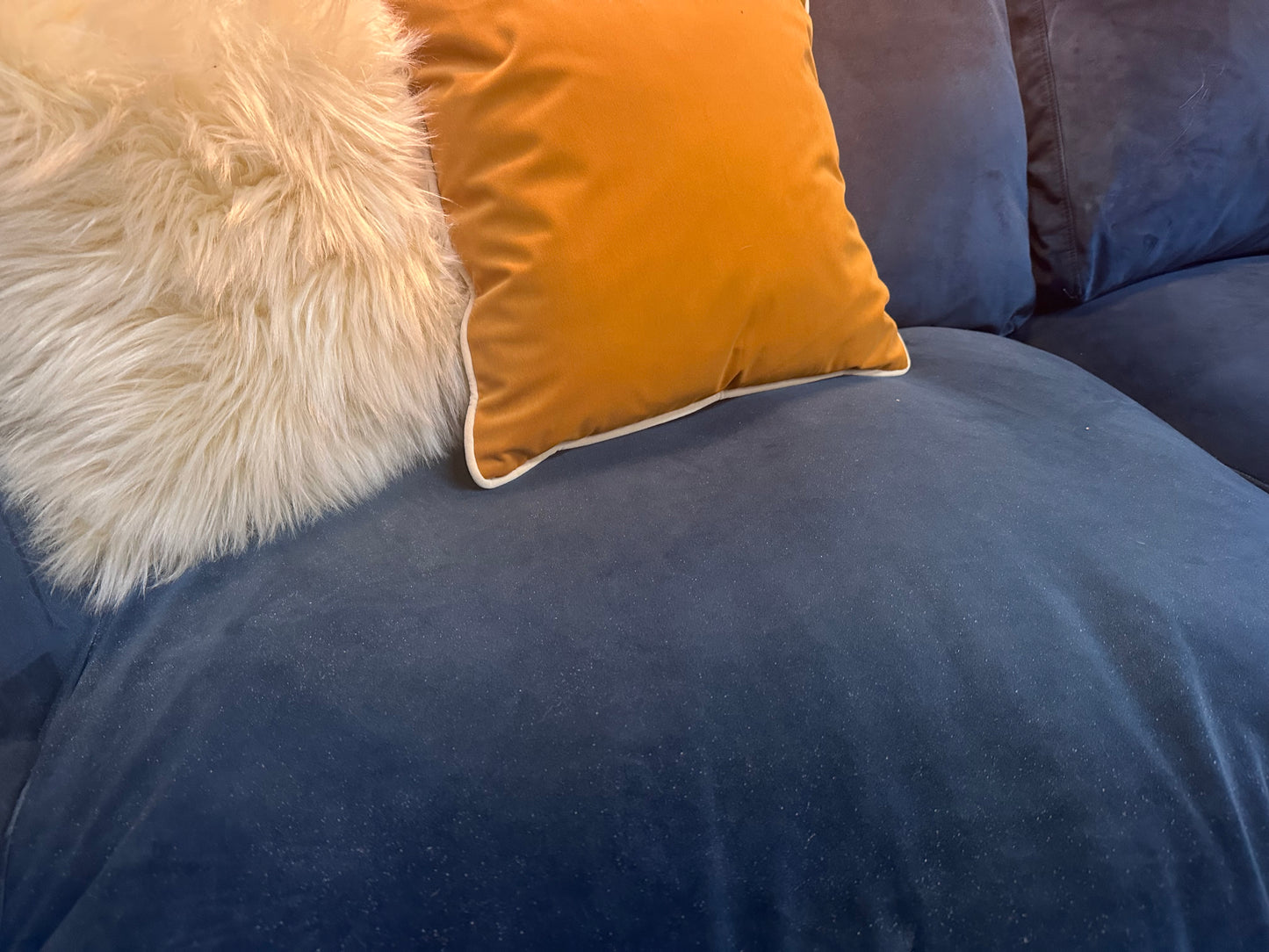 DFS Midnight Blue Velvet Corner Chaise Sofa