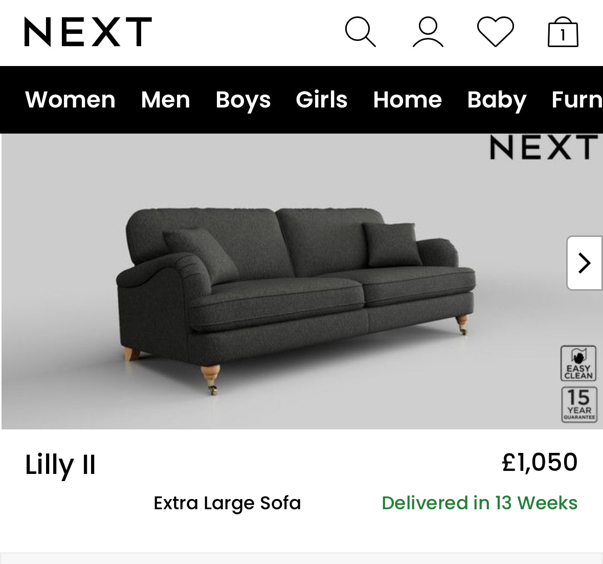 Next Coal Charcoal 3 Seater
