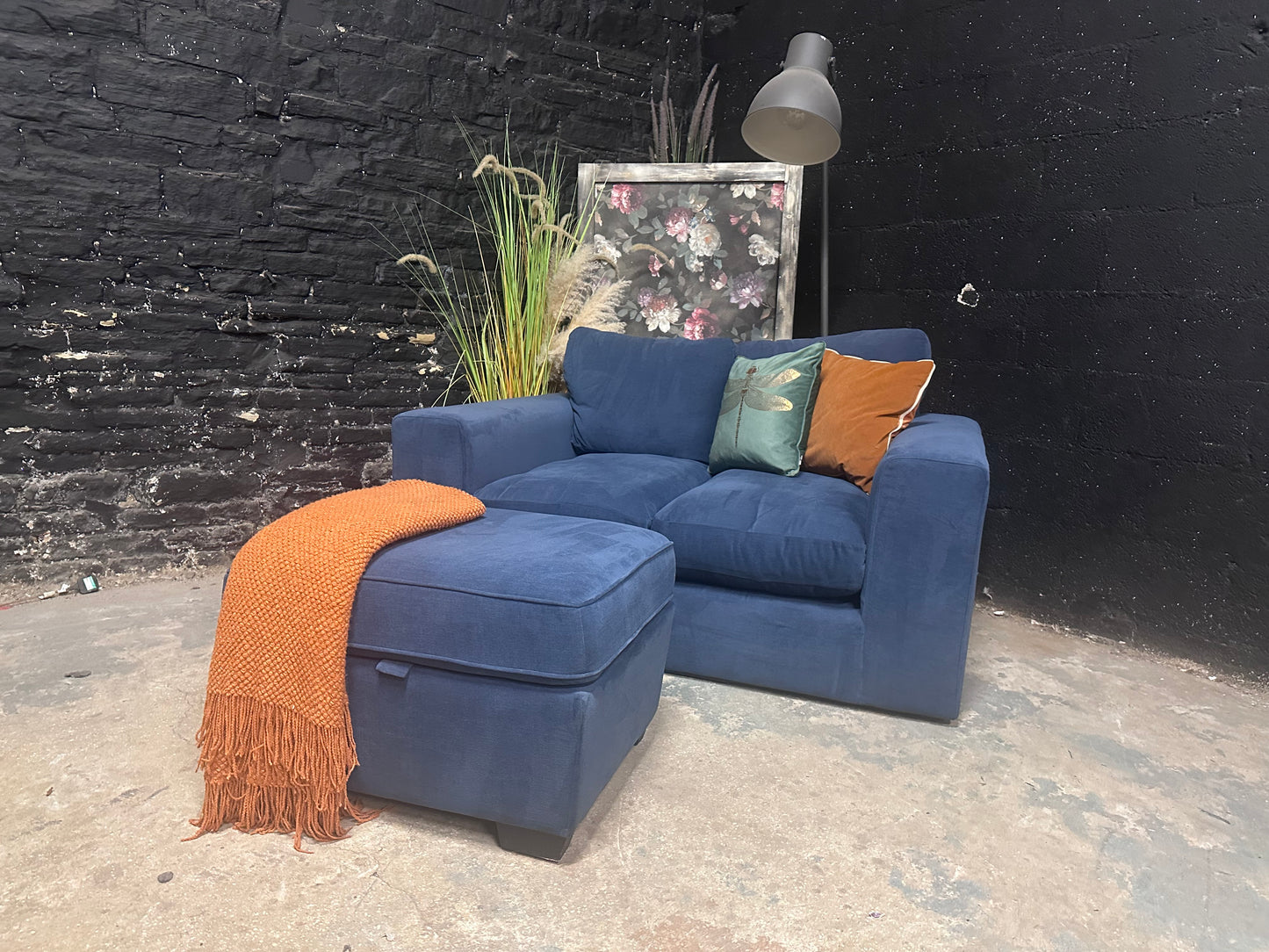 M&S Blue 2 Seater Sofa and Storage Footstool Set