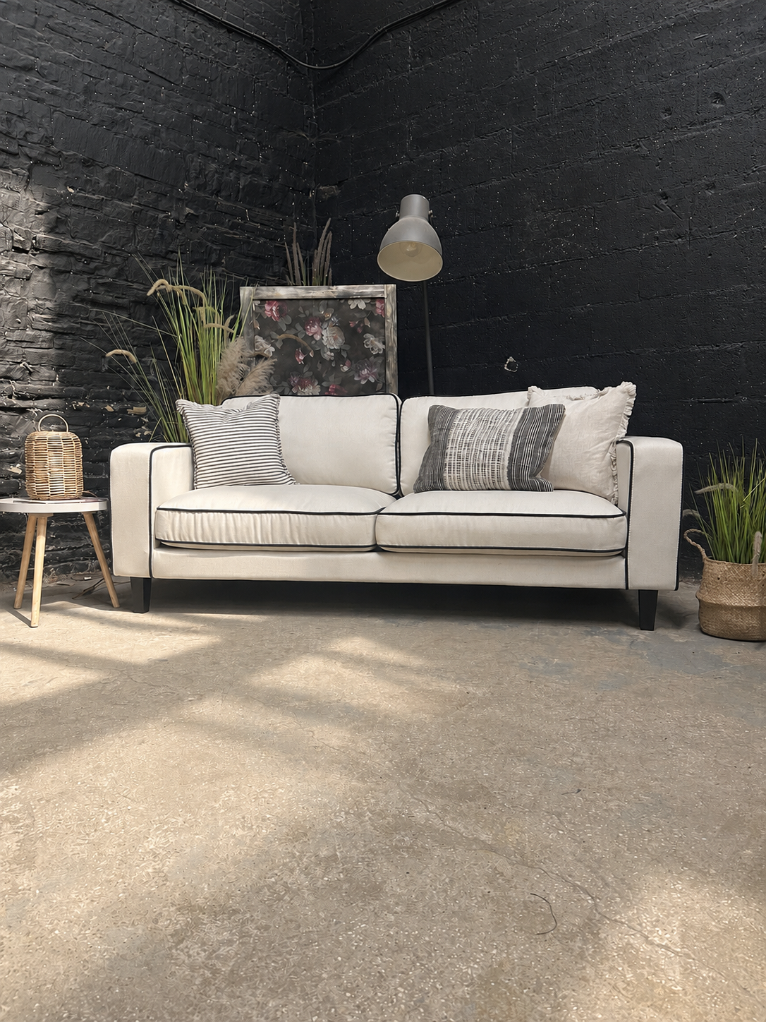 Soho 3 Seater Cream Linen and Black