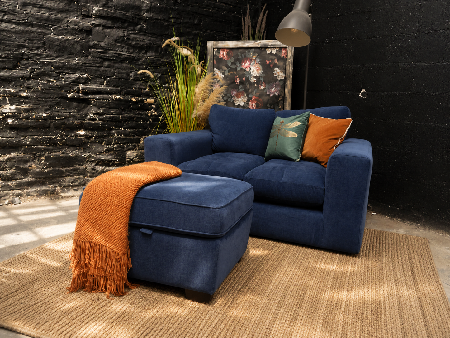 M&S Blue 2 Seater Sofa and Storage Footstool Set
