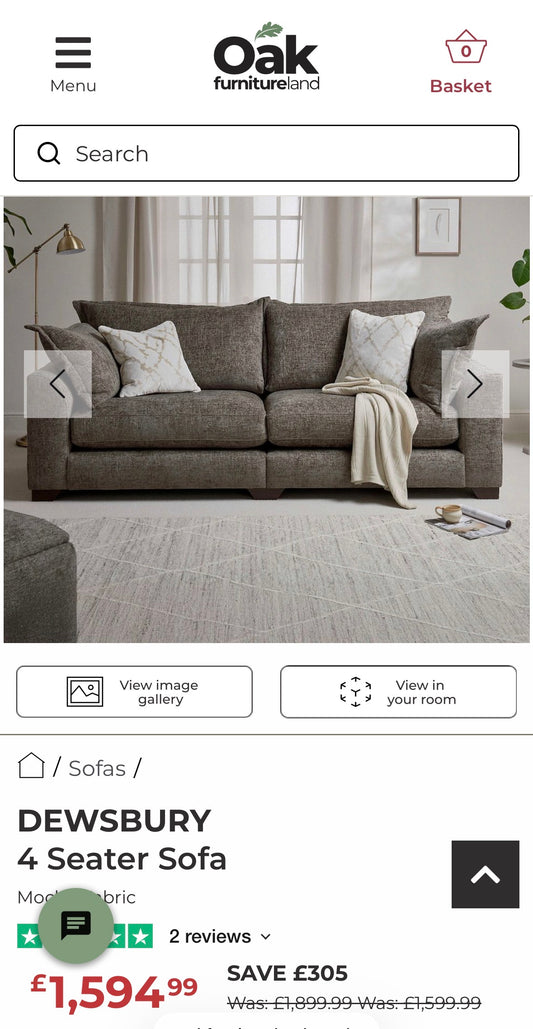 Oak Furnitureland Dewsbury Split 4 Seater Sofa in Milo Mocha