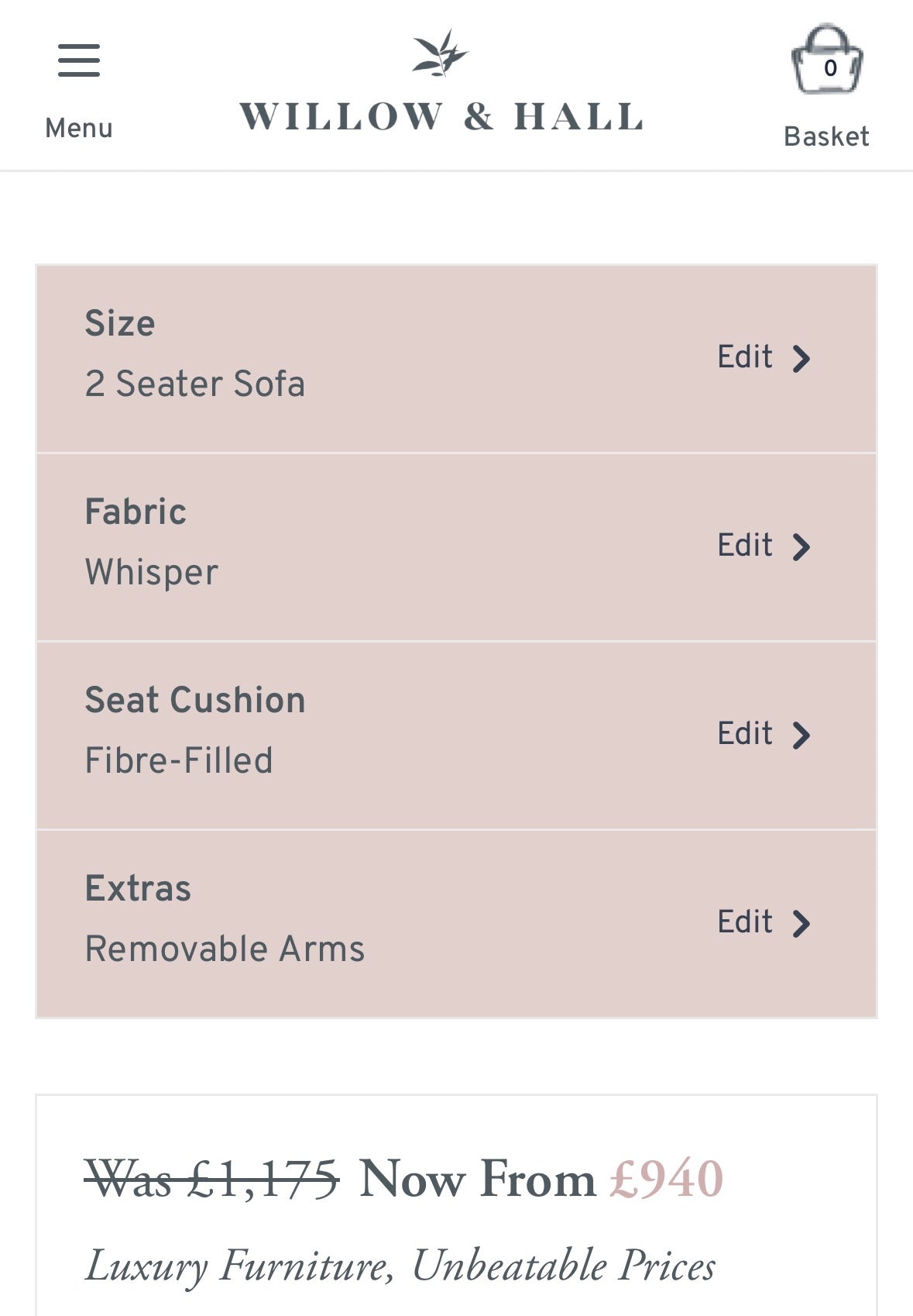 Willow and Hall Foxham 2 Seater Sofa in Whisper Velvet