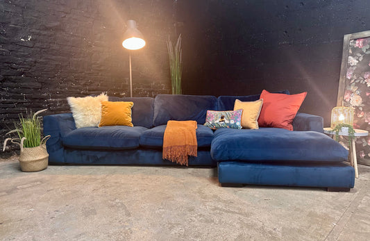 DFS Midnight Blue Velvet Corner Chaise Sofa