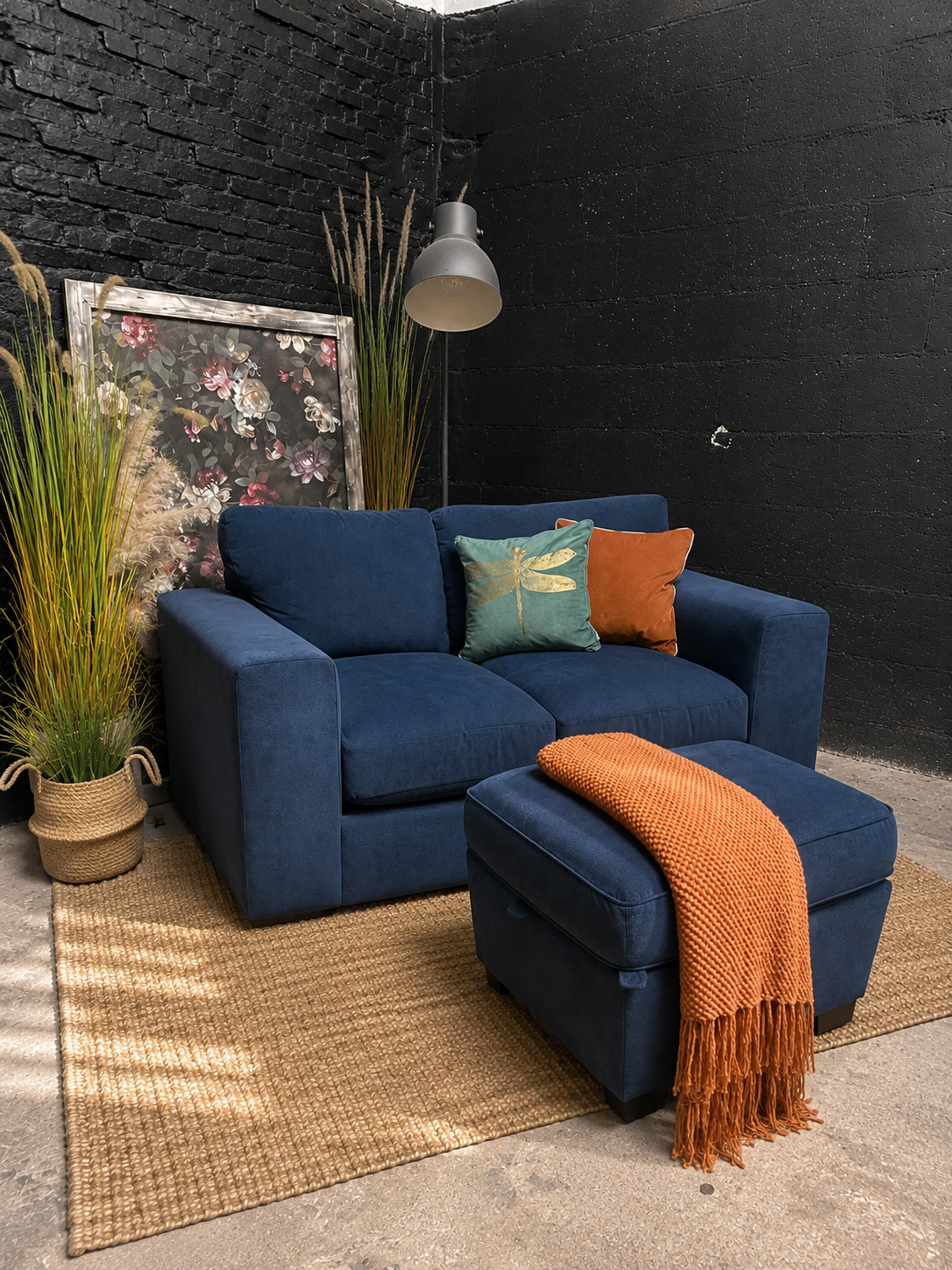 M&S Blue 2 Seater Sofa and Storage Footstool Set