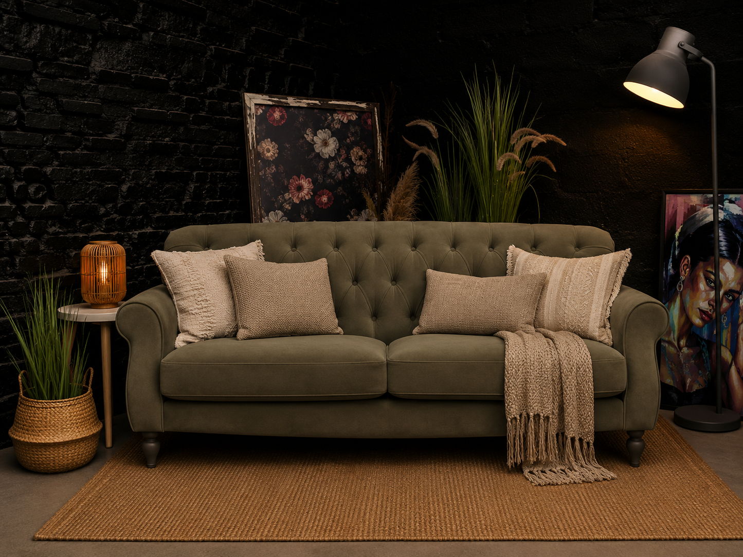 Dusk Hebden 3 Seater Sofa - Matt Green Velvet