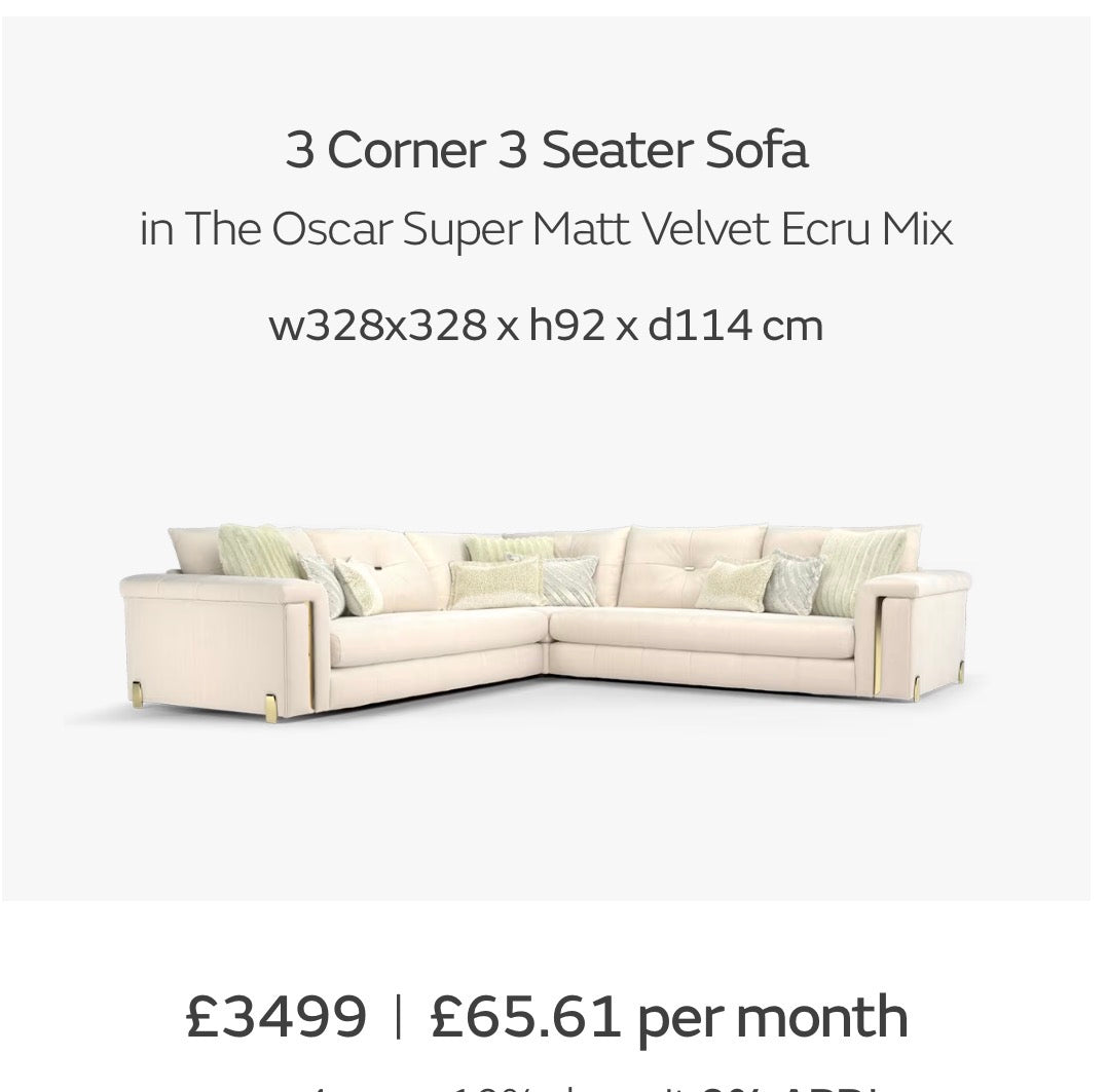 The Oscar 3 x 3 Corne Sofa in The Oscar Super Matt Velvet Ecru Mix