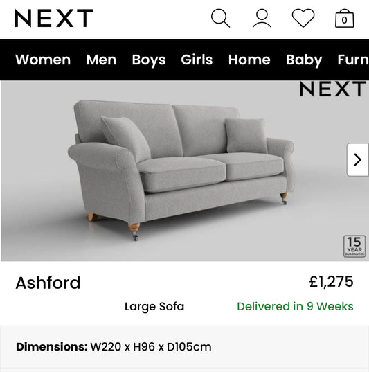 Next Ashford Grey 3/4 Seat Sofa