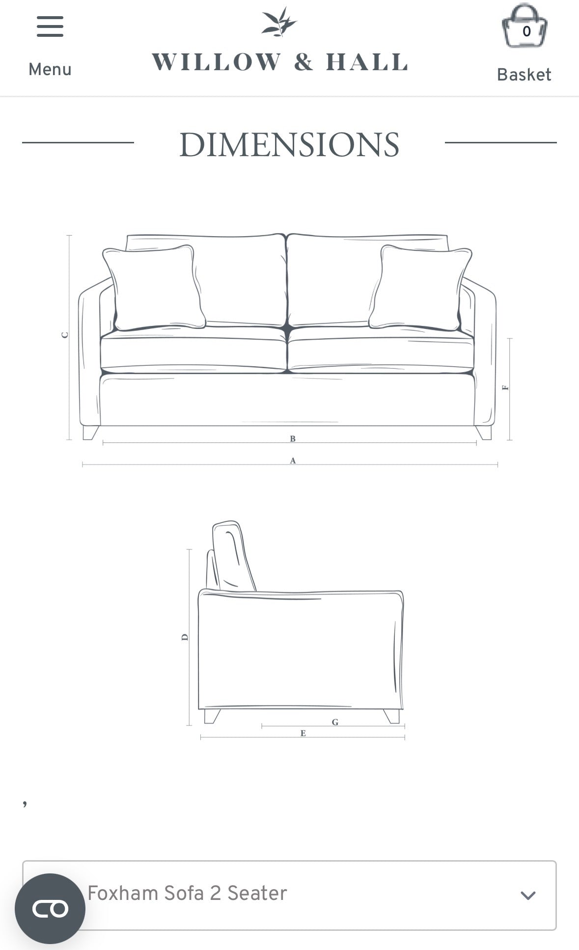 Willow and Hall Foxham 2 Seater Sofa in Whisper Velvet
